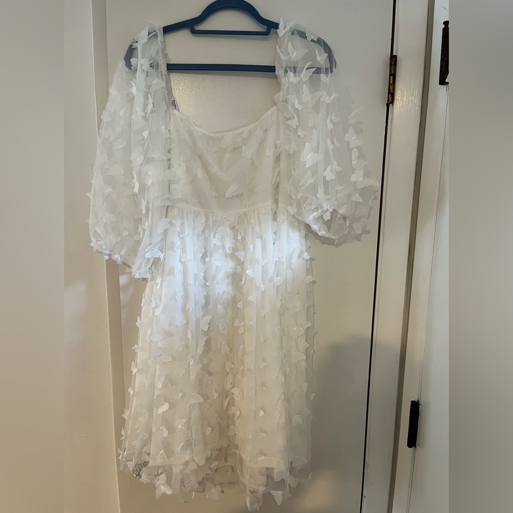 White Butterfly Appliqué Midi Dress